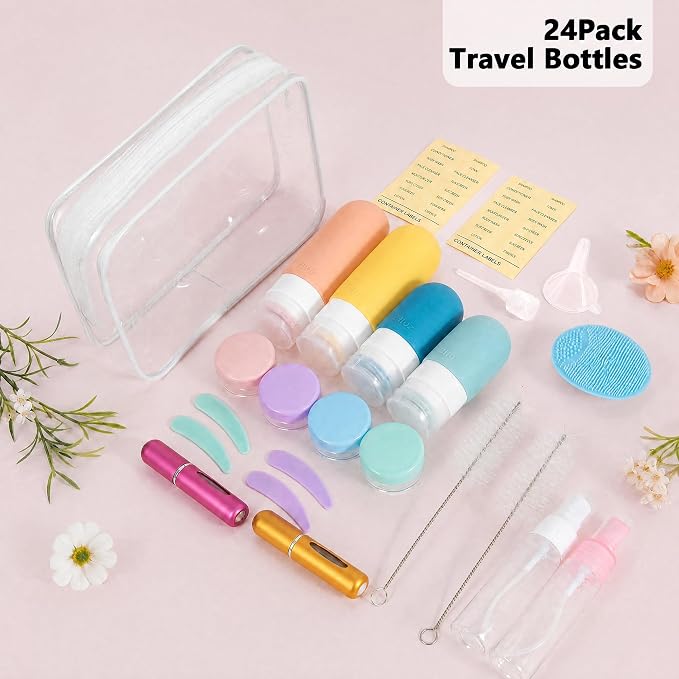 24 Pack Travel Bottles for Toiletries -TSA Approved Leak Proof Silicone Set | Refillable Travel Size Containers Kits with Perfume Spray Bottle for Shampoo, Conditioner, Lotion, Cosmetic (Colorful) - Image 5