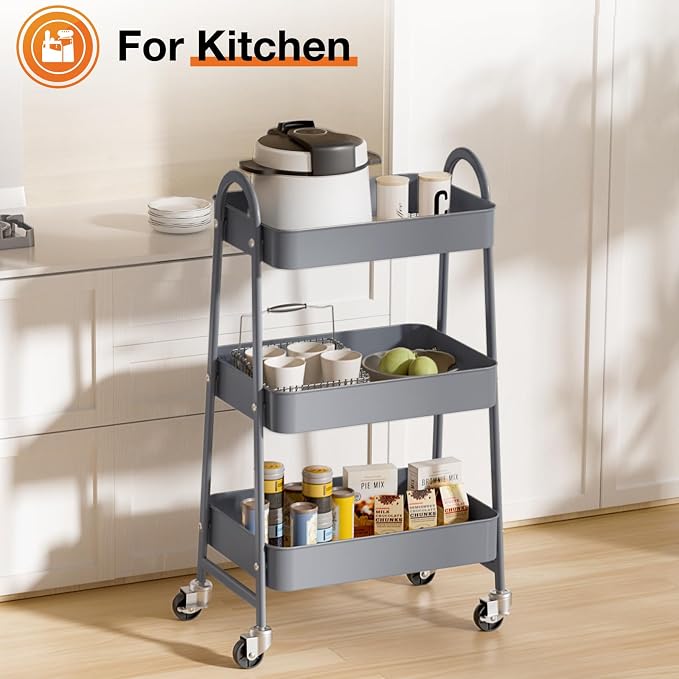 NEWBULIG 3-Tier Metal Rolling Cart with Lockable Wheels, Heavy Duty Mobile Utility Storage Shelf, Roller Book Snack Cart, Grey | Mobile Organizer Shelf, Space-Saving, Freestanding, Bathroom, Living Room, Slim, Narrow Corner Spaces, Grey - Image 6