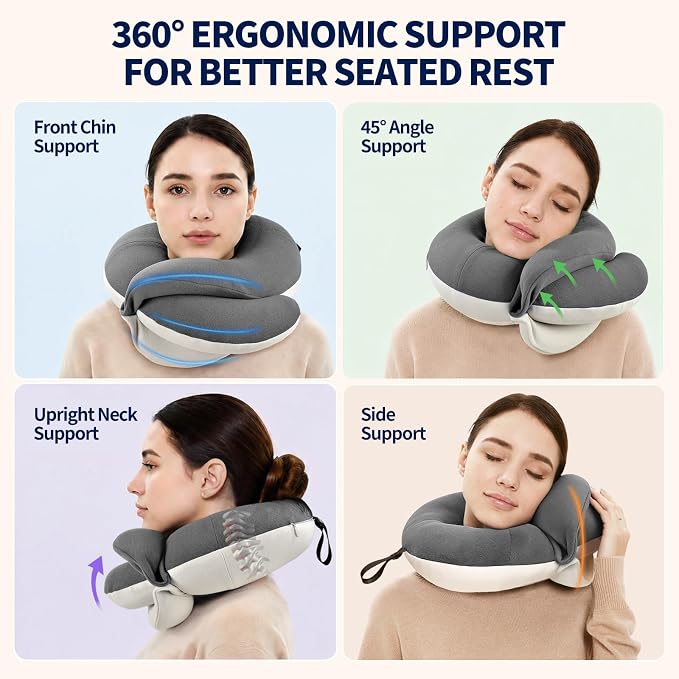Travel Neck Pillows for Airplanes, Memory Foam 360° Head Support Sleep for Long Flight, Skin-Friendly & Breathable, Kit with Eye Mask, Earplugs and Storage Bag (Adult, Grey, 90+ lbs) - Image 2