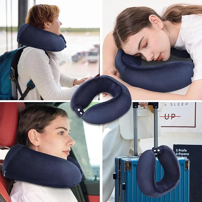 Travel Neck Pillow Airplane Soft U Shaped Neck Pillows Dark Blue | Memory Foam, Removable Washable, Suitable for Airplanes Traveling Trains Bus Offices - Image 6