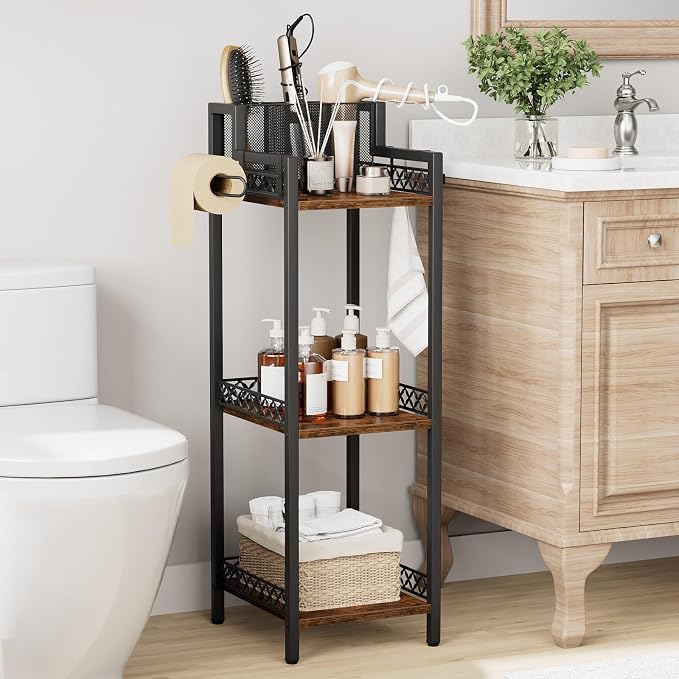 Bathroom Storage and Organizer Shelf Hair Dryer Holder, 9.85in | 3-Tier Narrow Metal Standing Rack with Toilet Paper Holder,Makeup Stand for Cosmetic, Vanity, Kitchen, Laundry Rustic Brown - Image 2
