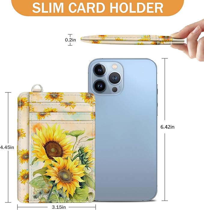 Yonlevres Sunflower Credit Card Holder Slim RFID Wallet Women Small Travel | Front Pocket, Handy, RFID Blocking, Woman Girls Ladies Gifts, D-ring for Keychain,Thin Mini Card Case, ID Window, PU Leather - Image 6