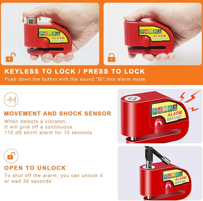 Motorcycle Alarm Disc Brake Lock, Motorcycle Locks Anti Theft Security Wheel Disc Lock Waterproof 110dB Alarm Sound with 5ft Reminder Cable Keys and Carry Pouch for Motorbike Bike Scooter - Image 4
