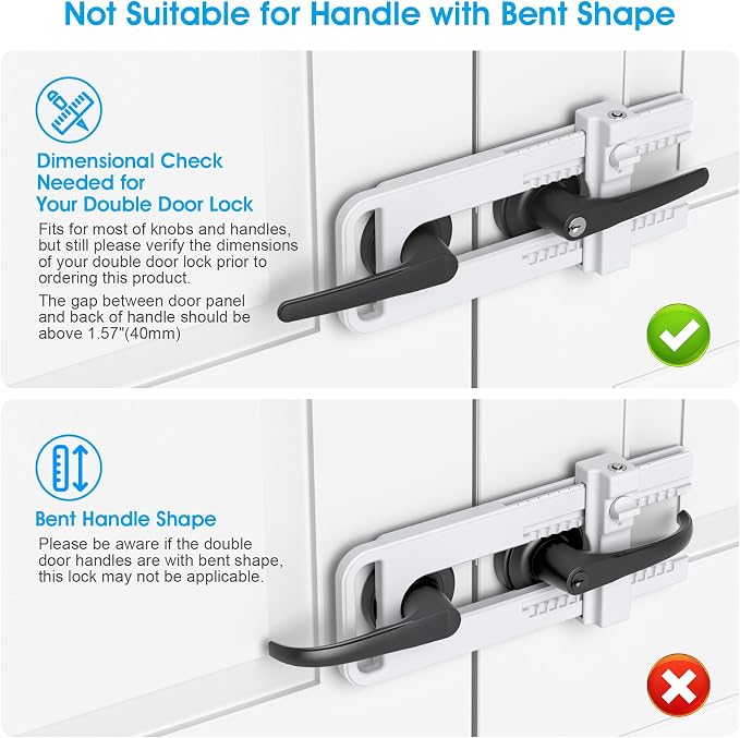 AST Childproof Double Door Security Lock, Adjustable Keyed French Door Lock | Lockout device for knobs and handles of double doors, prevent kick ins, Kids proof barricade, bigger adjustment, matte white - Image 9