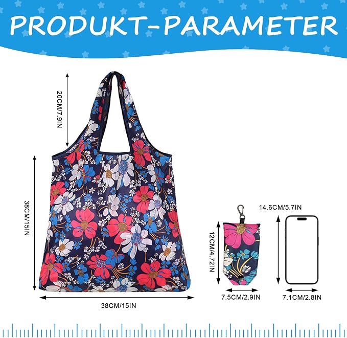 6 Pcs Reusable Shopping Bags Foldable,Grocery Bags in Pocket,Waterproof and Machine Washable,Eco-friendly Travel Recycle Polyester Tote Bags for Daily Shopping Supplies load - Image 3