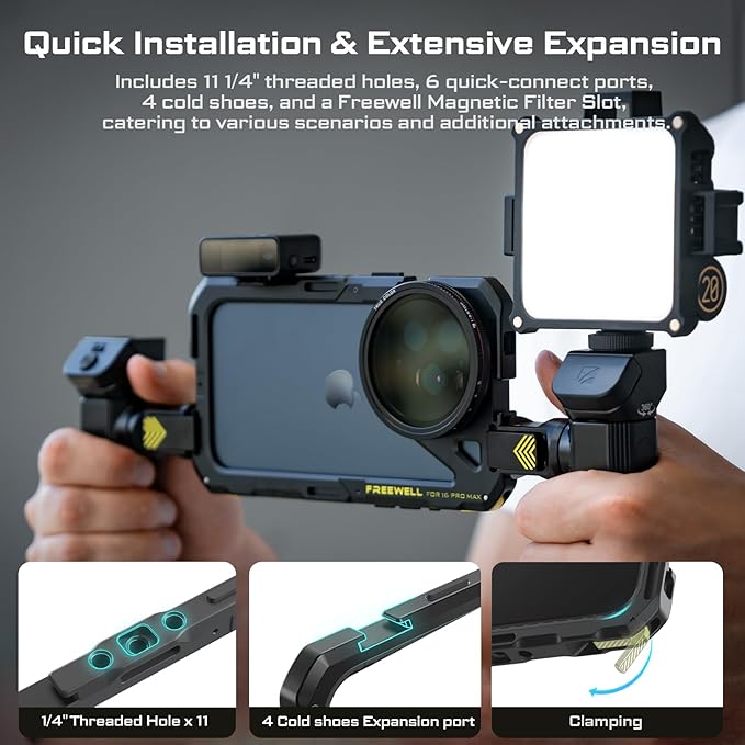 Freewell Genius Rig Cage for iPhone 16 Pro Max - Tool-Free Setup, Multifunctional Tripod and Monopod Handles, Bluetooth Remote | Includes tripod handle, monopod handle, remote and lens mount for filming, stability and control - Image 2