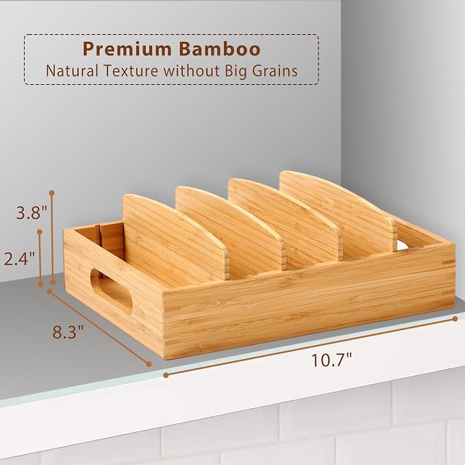 Bamboo Food Container Lid Organizer for Kitchen Cabinet and Drawer | Adjustable Slots - Premium Bamboo, Pretty Color - Sturdy Versatile Caddy for Snack, Spice - Anti-Skid Silicone Pads - Image 2