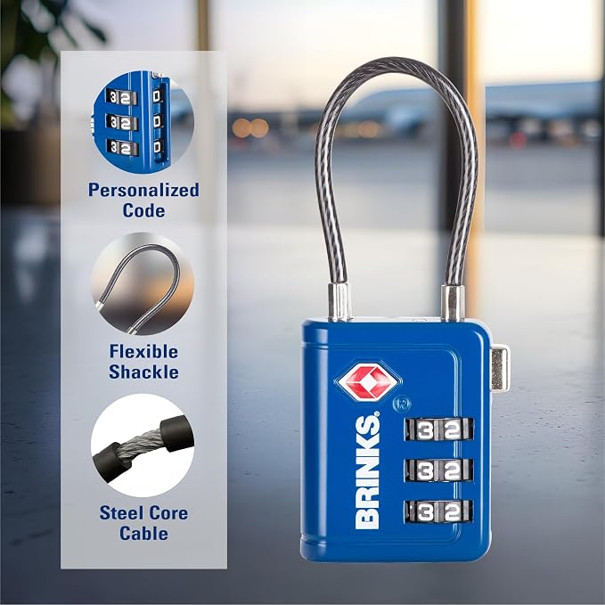 Brinks TSA Accepted Indicator Luggage Lock, Blue - Resettable 3-Dial Combination, 1.5 inch Long Cable Shackle, New More Secure TSA008 Key, 4 Pack - Image 4