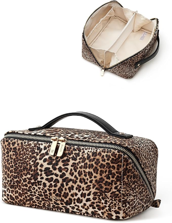 EACHY Travel Makeup Bag for Women, Flat Open Leopard Print Cosmetic Bag | Leopard-print PU leather cosmetic bag opens flat with dividers and clear TPU brush pocket for makeup and travel essentials - Image 6