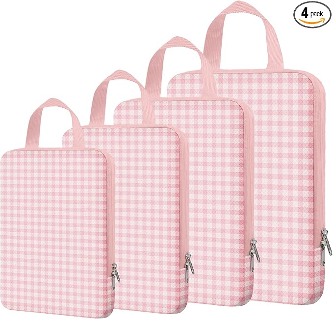 4 Set Expandable Compression Packing Cubes for 3–7 Day Travel, Solid & Plaid Fabric Travel Organizers, Double-Zipper Storage Bags for Carry-On & Suitcases(4set-Pink Gingham) by Unknown