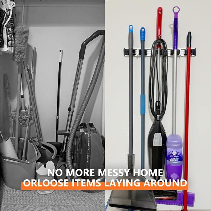 reliahom Broom Holder Wall Mount Mop Hanger Tools organizer 4Racks 5Hooks | Adjustable Mop Broom Wall Hanging Heavy duty Tools Storage Rack Space-saving for Garage,Kitchen,Laundry Room,Garden, Black - Image 4