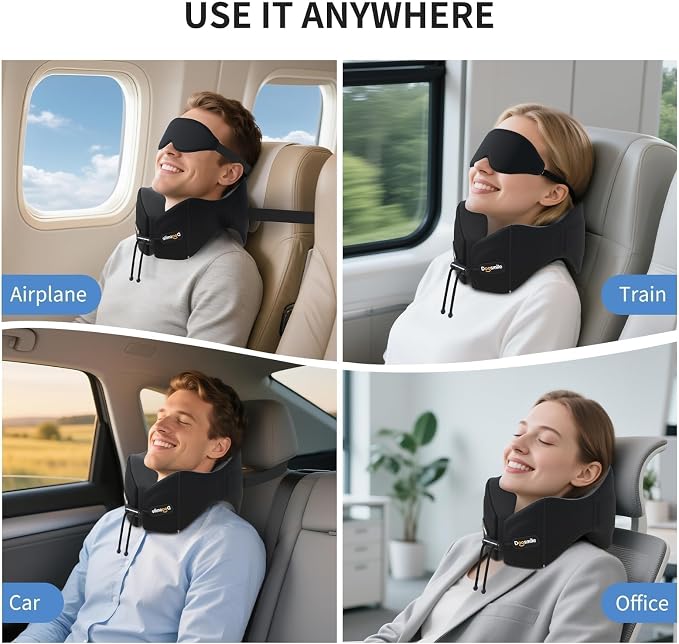 Patented Head-Bobble-preventing Ergonomic Travel Neck Pillow Combo | Game-Changer Adjustable & Detachable Seat Strap for Head-stability，Exclusive Golden Formula Memory Foam，3D Contoured Eye Mask - Image 8