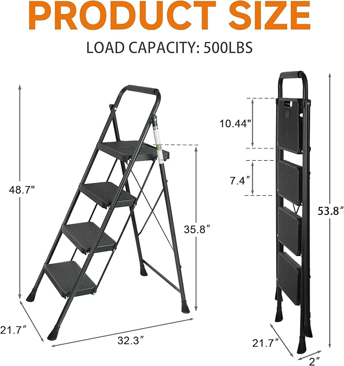 Arbusb Step Ladder, Folding Step Stool with Wide Anti-Slip Pedals, Sturdy Steel Ladder with Handrail, Space-Saving, Portable for Home & Adults, 4 Step Black - Image 4