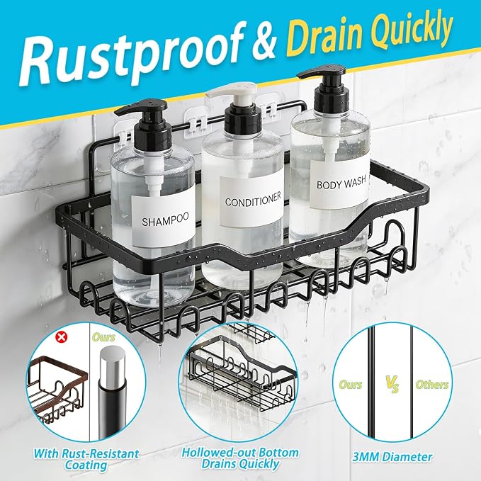 Fammart Adhesive Shower Caddy, 5-Pack Rustproof Stainless Steel Bathroom Organizer with 28 Hooks, No-Drill Large Capacity Shower Shelves for Bathroom Storage & Home Décor, Black - Image 5