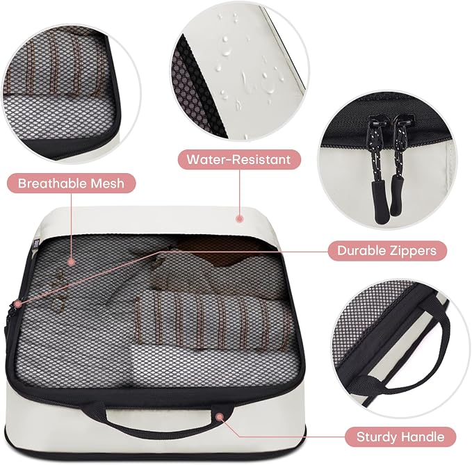 4 PCS Set Compression Packing Cubes for Travel, Lightweight Packaging Organizer Bags for Carry On Space Saving, Travel Essentials Cubes for Suitcase Backpack, Beige - Image 5