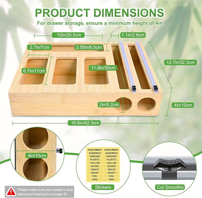 MSJGA Magnetic Food Bag Storage Organizer for Drawer or Refrigerator | Ziplock Bag Organizer, Compatible with Gallon,Quart, Sandwich, Snack & Variety Size Bags, Bamboo, 12.7"W x 16.6"H x 4"D - Image 3