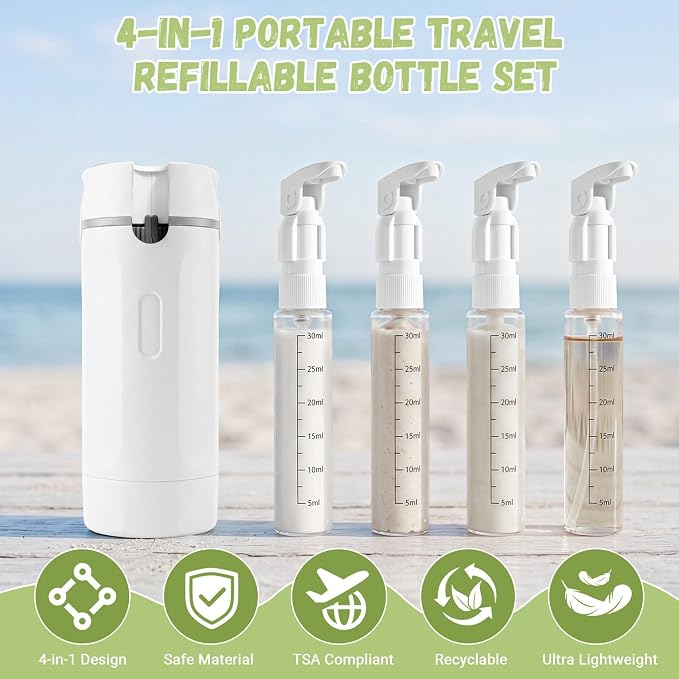 4 in 1 Travel Dispenser Bottle, TSA Approved Leakproof Containers | Refillable soap lotion pump for toiletries, shampoo & conditioner, portable compact size liquid accessories kit - Image 2