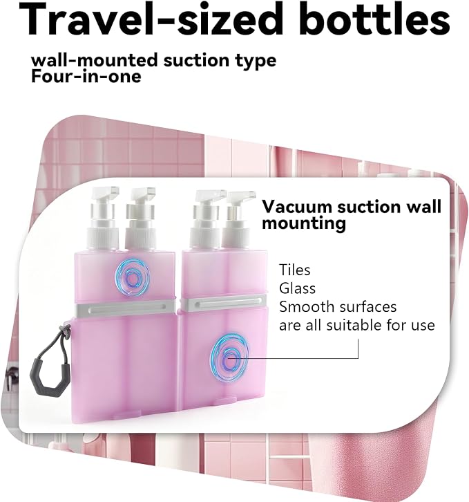 4 in 1 Travel Dispenser，Unbreakable Silicone Travel Dispenser Bottle, Vacuum Suction Wall Mounted Refillable Containers,Leakproof Toiletry Containers for Shampoo, Lotion, Baby Care-Pink. - Image 3
