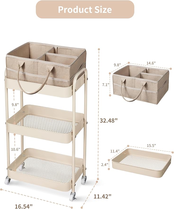 Baby Diaper Caddy, 3 Tier Rolling Cart for Baby Essentials, Taupe | Diaper Cart with Detachable Dividers, Nursery Storage & Bottle Organizer, Bedside Caddy for Bedroom and Living Room - Image 7