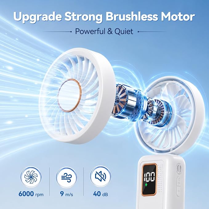 Handheld Fan, 5 Speed & 14H Cooling Time Portable Fan, 6000mAh USB Rechargeable Mini Fan with LED Display, Powerful but Quiet, Foldable Desk Fan, Lanyard for Neck Fan, Personal Fan for Travel/Office - Image 3