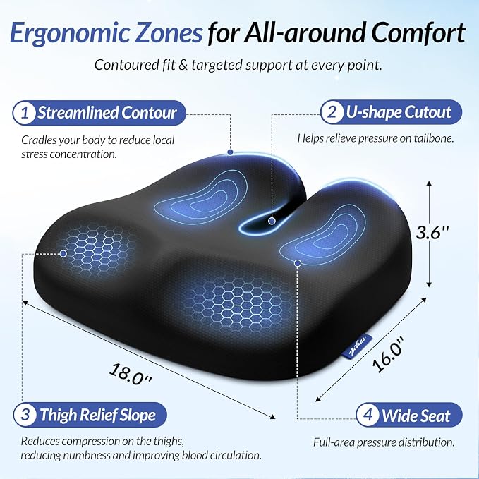 Ergonomic Seat Cushion with Thigh Slope for Long Sitting Comfort | Memory Foam Office Chair Cushion for Car, Home, U-Shaped Design Relieves Hip, Tailbone Pain, Sciatica Pain Relief, Non-Slip - Image 3