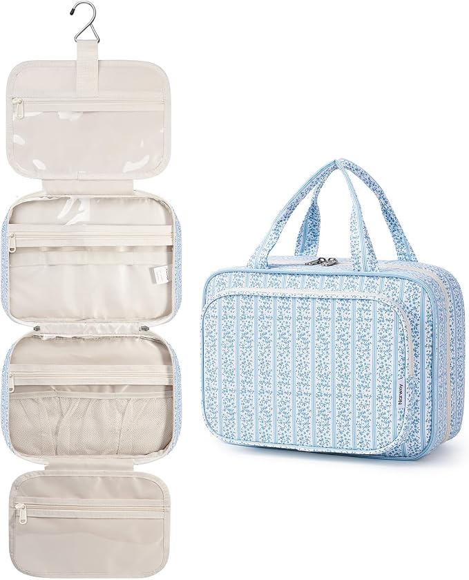 Narwey Travel Toiletry Bag for Women Large Hanging Makeup Bag Organizer Toiletries Bag for Full Size Essentials Accessories Cosmetics (Blue Flower Buds (Large)) by Narwey