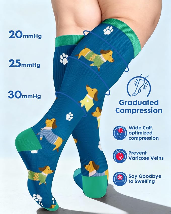 3-Pair Wide Calf Compression Socks for Women | 20-30mmHg Graduated Support, Easy On & Off, Knee High Length, Ankle Support, Travel Nurse Daily Wear, Cute Patterned - Image 5