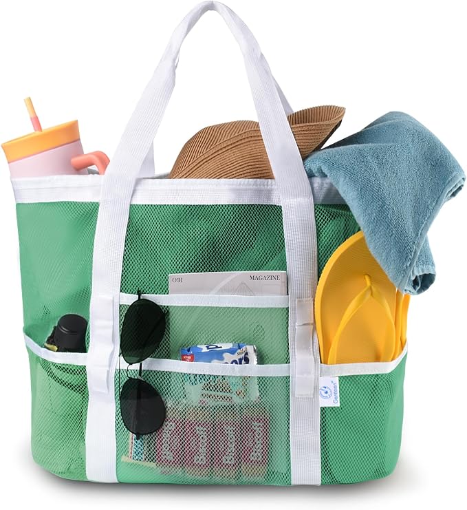 Genteen 40L Mesh Beach Bag, Foldable Sandproof Tote with Waterproof Pocket Quick Dry for Women Family Pool Vacation by Genteen