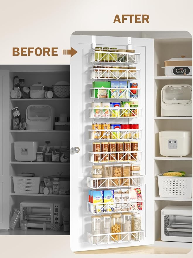 Delamu Adjustable Over the Door Pantry Organizer, 9-Tier Metal Pantry Organization and Storage for Kitchen, Hanging Spice Rack Seasoning Shelves, Cabinet Door Organizer for Easy Install, 16" White - Image 6