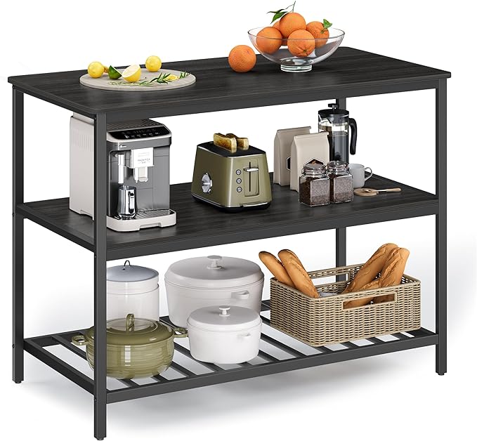 VASAGLE Kitchen Island with 3 Shelves, Storage Cabinet, Steel Structure | Kitchen Shelf with Large Wooden Worktop, 47.2 Inches Width, Gray Oak and Matte Black, BARNET Collection UKKI001B42 by Unknown