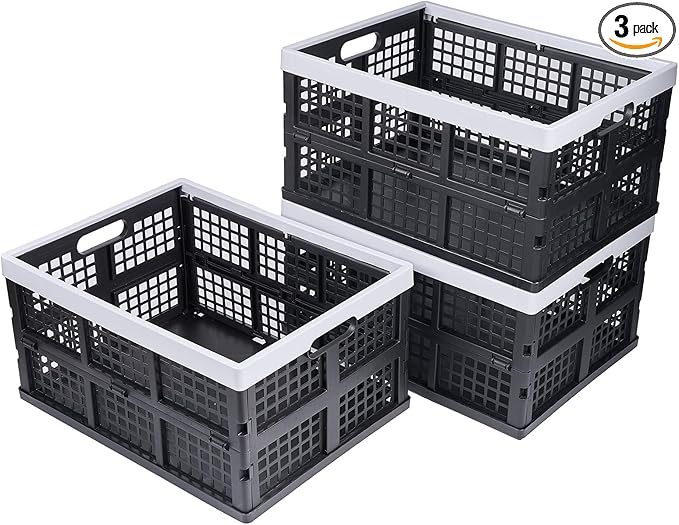 Aebeky 3-Pack Plastic Collapsible Storage Crates-30L,Foldable Plastic Crates for Storage (Black+Gray) by Aebeky