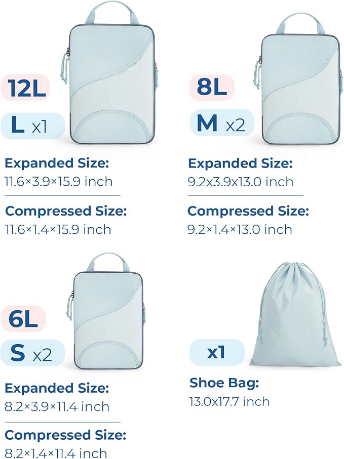 Bagsmart Compression Packing Cubes, Travel Bag Cruise Ship Essentials | Lightweight, Compressible Suitcase Organizer Set fit Standard Carry-On & Checked Luggage, 6 Set, 14 Set Washable Packing Bags - Image 2