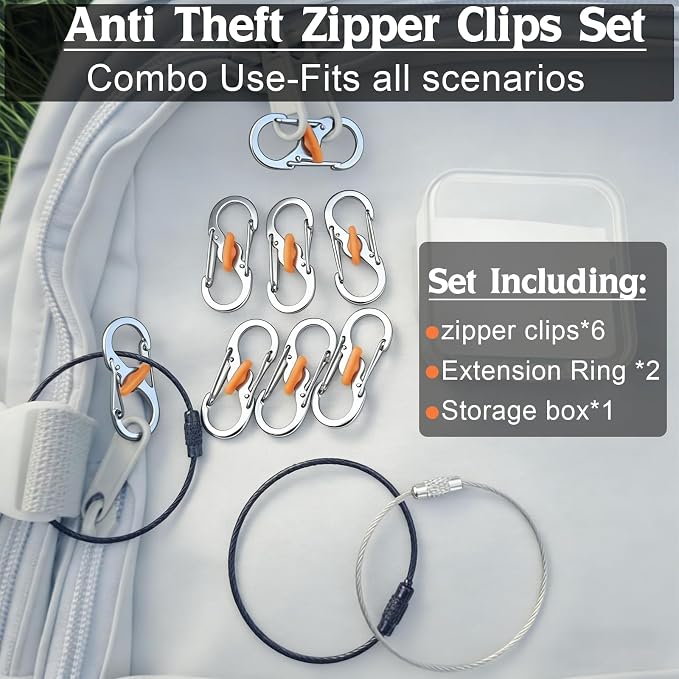 Qivievsa 6+2Pcs Zipper Clips Anti Theft Travel Set,6 Lockable Zipper Clips with 2 Extension Rings,for Backpack locks, Crossbody Bag, Suit for Double/Single Zippers, Anti Pickpocket Zippers Lock-Silver - Image 2