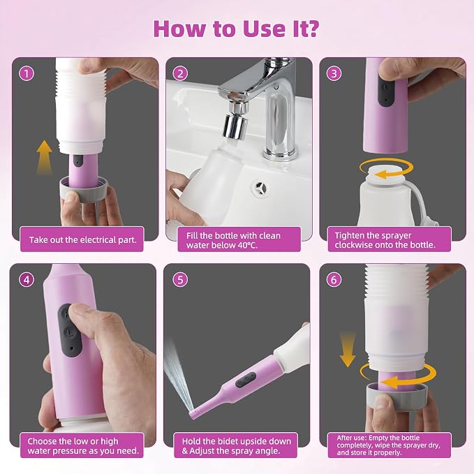 Hibbent Portable Bidet for Travel, High Pressure Electric Handheld Bidet Sprayer, 350-550ML Expandable Bottle for Personal Hygiene, USB-C Rechargeable Waterproof, Travel Sprayer for Women & Men, Pink - Image 8