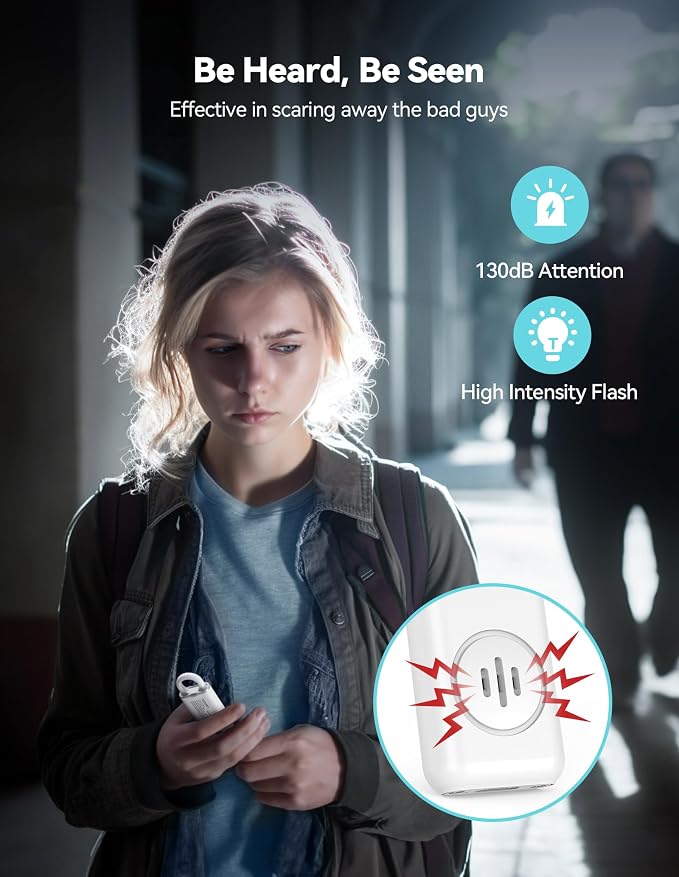 TECKNET Rechargeable Personal Safety Alarm for Women, 130dB Self Defense Keychain Alarm with SOS Strobe Light, Low Battery Notice, Loud Siren Safety Keychain for Girls Kids Elderly - White - Image 2