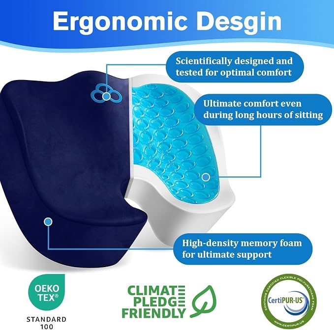 CushyOasis Seat Cushion, Office Chair Cushions, 5.28 in Thick (Blue) | Anti-Slip Back & Removable Cover, Ergonomic Tailbone Support Seat Cushion, Memory Foam Seat Cushion for Office - Image 2