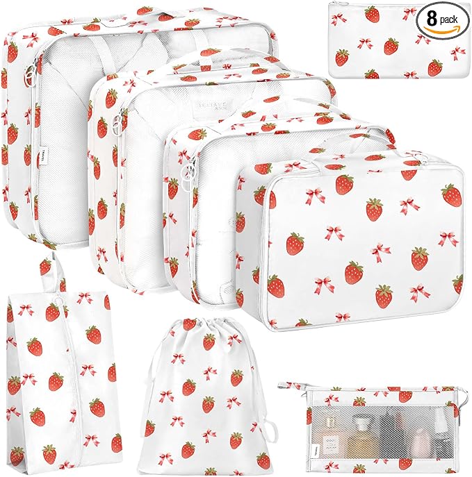 KPX 8 Set Packing Cubes for Travel, Luggage Packing Organizers Accessories Large Toiletries Bag for Clothes Shoes Cosmetics (Strawberry+Butterfly) by KPX