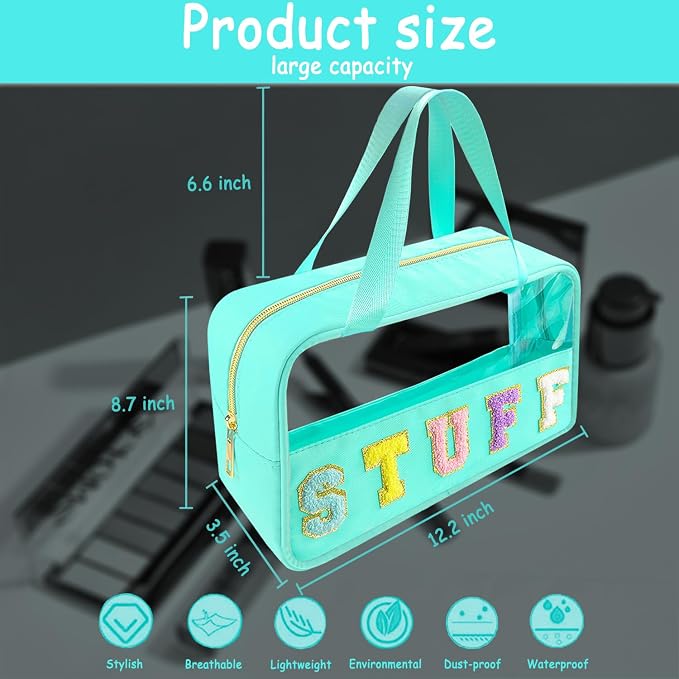 Chenille Letter Clear Makeup Bag Stuff Patch, Travel Toiletry Makeup Bag with Handle, Nylon Waterproof Makeup Bags clear cosmetic bag, preppy patch makeup bag for Women (STUFF-Mint Green) - Image 2