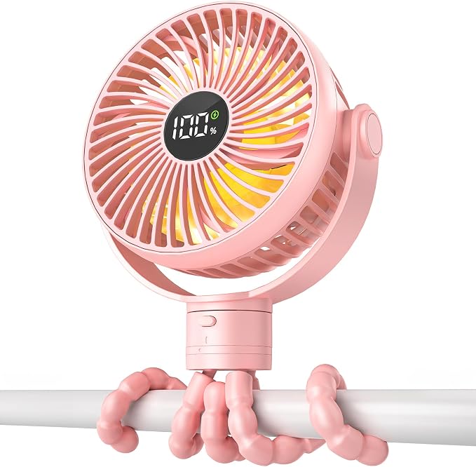 Coohea Portable Stroller Fan, 25H Long-lasting, 4 Speed, Night Light, Pink | 4000mAh Rechargeable Battery Powered Fan, Head Detachable 360° Rotate Mini Fan, Easy to Wrap for Car Seat Crib Bike Treadmill by Coohea