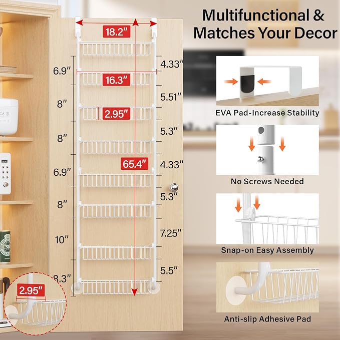 Delamu Over The Door Pantry Organizer, 8-Tier Metal Pantry Door Organization and Storage for Easy Install, Hanging Spice Rack Seasoning Shelves, Door Organizer for Kitchen, 4.65"D x 18"W x 65"H, White - Image 2