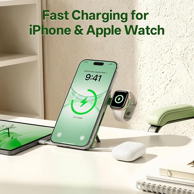 Q Magnetic Wireless Portable Charger 10,000mAh, Travel Essentials Power Bank with Built-in Cables & Foldable Stand, External Battery Pack Compatible with iPhone 17/16/15/14/13/12, Apple Watch - Image 2