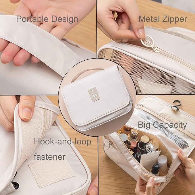 Hanging Toiletry Bag for Women, Travel Size Toiletries bags with Hook, Travel Makeup Bag for Cosmetic Storage Organizer Beige - Image 6