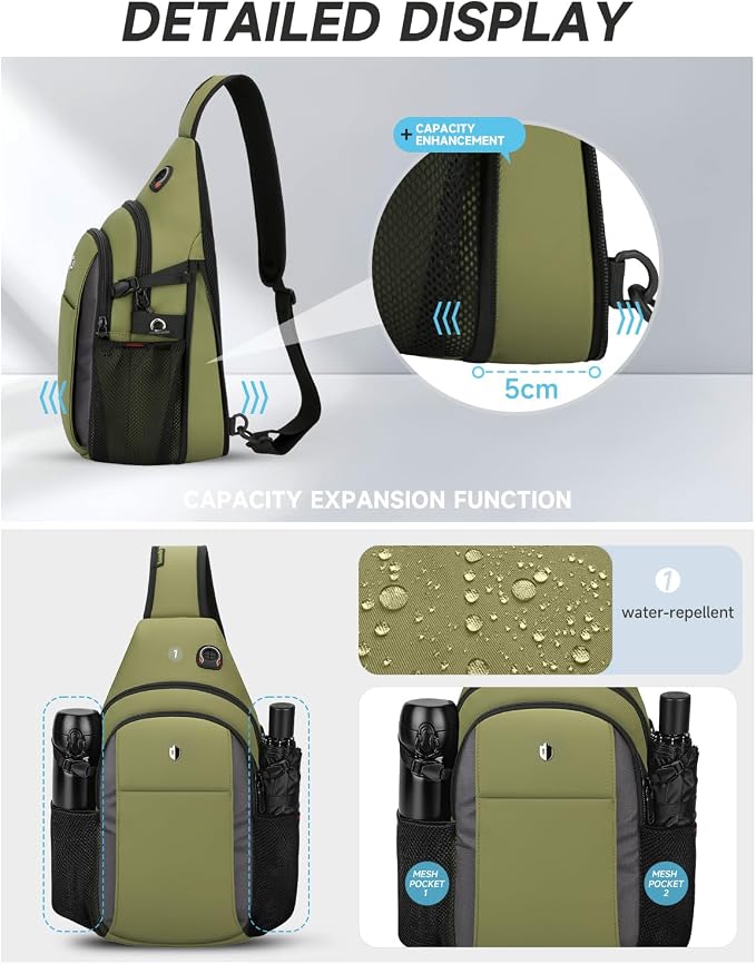 Tactical Sling Bag for Men, Expandable Army Green Chest Pack with Water Bottle Pocket & Earphone Port, Crossbody Backpack for Hiking, Travel & Outdoor, Fits Switch 2, 11 inch iPad | Mens Crossbody Bag - Image 3