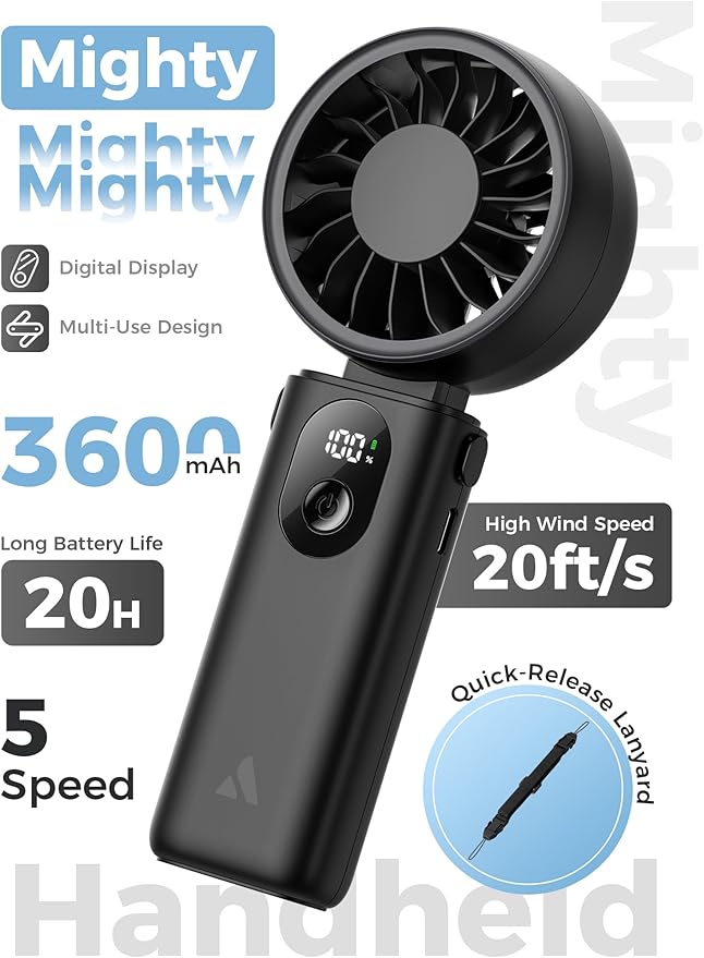 Aecooly Mighty Portable Handheld Fan | 20H Max Cooling | 3 Flexible Modes | 5 Speeds Wind | Battery Level Display | USB Rechargeable Mini Personal Battery Powered, Gifts for Women, Travel -Black - Image 2