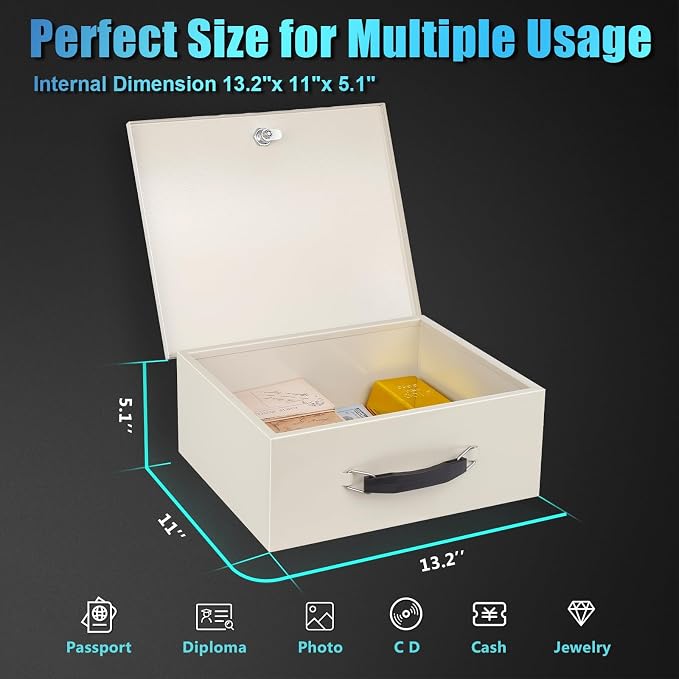 xydled Fire Resistant Safe Fire Safe Box with Key Lock for Home Office Security Storage for Valuables Documents,13.2"x 11"x 5.1" Inch,White - Image 5
