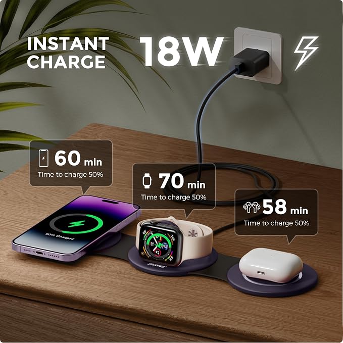 HICOBER 3-in-1 Wireless Charging Station for iPhone, Watch, AirPods, Purple | Charge 3 devices at once, foldable, case-friendly and ready for travel - Image 2