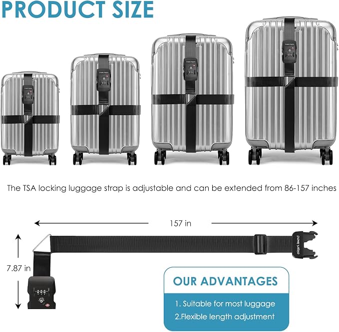 Travel Inspira TSA Accepted Long Luggage Cross Straps for Suitcases | Heavy-Duty Nylon; TSA-Approved Lock with Tag; Adjustable 103-200cm; Secure Black Strap; 20-28 Inch Bags; Anti-Burst - Image 9