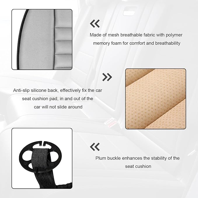 Car Seat Cushion, 1.2" Thick Comfort Memory Foam Auto Seat Pad with Non Slip Bottom, Breathable Driver Seats Pillow Pressure Relief Chair Cushion for Vehicle Office Home (Gray) - Image 3