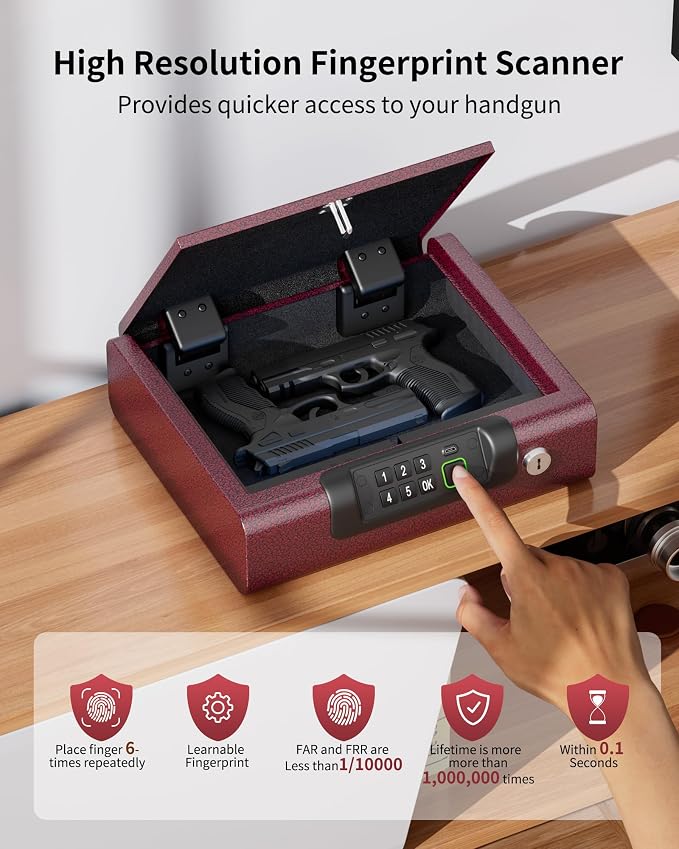 BILLCONCH Gun Safe,Biometric Fingerprint Gun Safe for Handgun Pistol Safes | Fingerprint PIN Key Unlock, Interior Light and USB Charging Lock box with Silent Mode for Bedroom Nightstand - Image 3