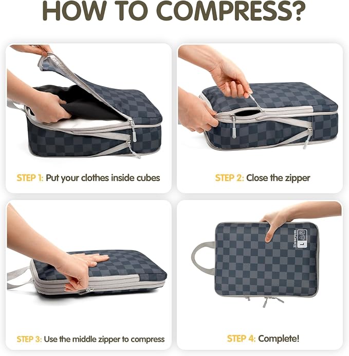 8 Set Compression Packing Cubes for Travel, Lightweight Dual Zipper Packing Cubes, Space-Saving Suitcase Organizer for Travel/Business Trip/Family Vacation (Blue-Gray Checkered) - Image 9